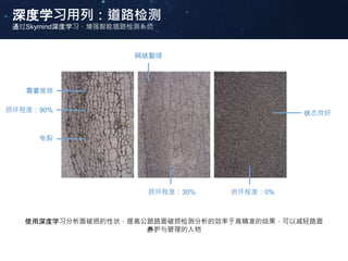 深度学习用列：道路检测
通过Skymind深度学习，增强智能道路检测系统
使用深度学习分析面破损的性状，提高公路路面破损检测分析的效率于高精准的结果，可以减轻路面
养护与管理的人物
损坏程度：90%
需要维修
网状裂缝
龟裂
损坏程度：30% 损坏程度：0%
状态良好
 