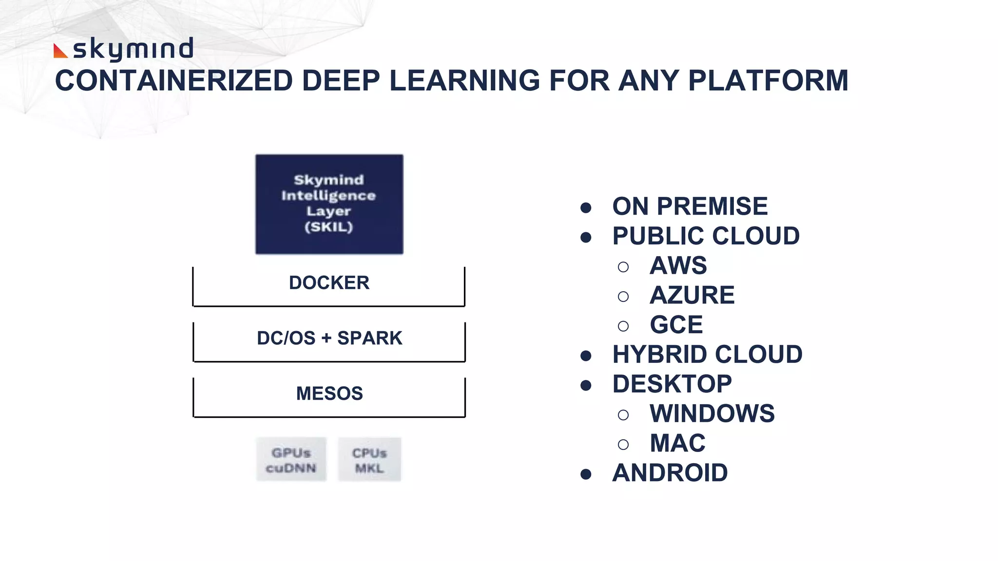 ● ON PREMISE
● PUBLIC CLOUD
○ AWS
○ AZURE
○ GCE
● HYBRID CLOUD
● DESKTOP
○ WINDOWS
○ MAC
● ANDROID
DOCKER
CONTAINERIZED DEEP LEARNING FOR ANY PLATFORM
DC/OS + SPARK
MESOS
 