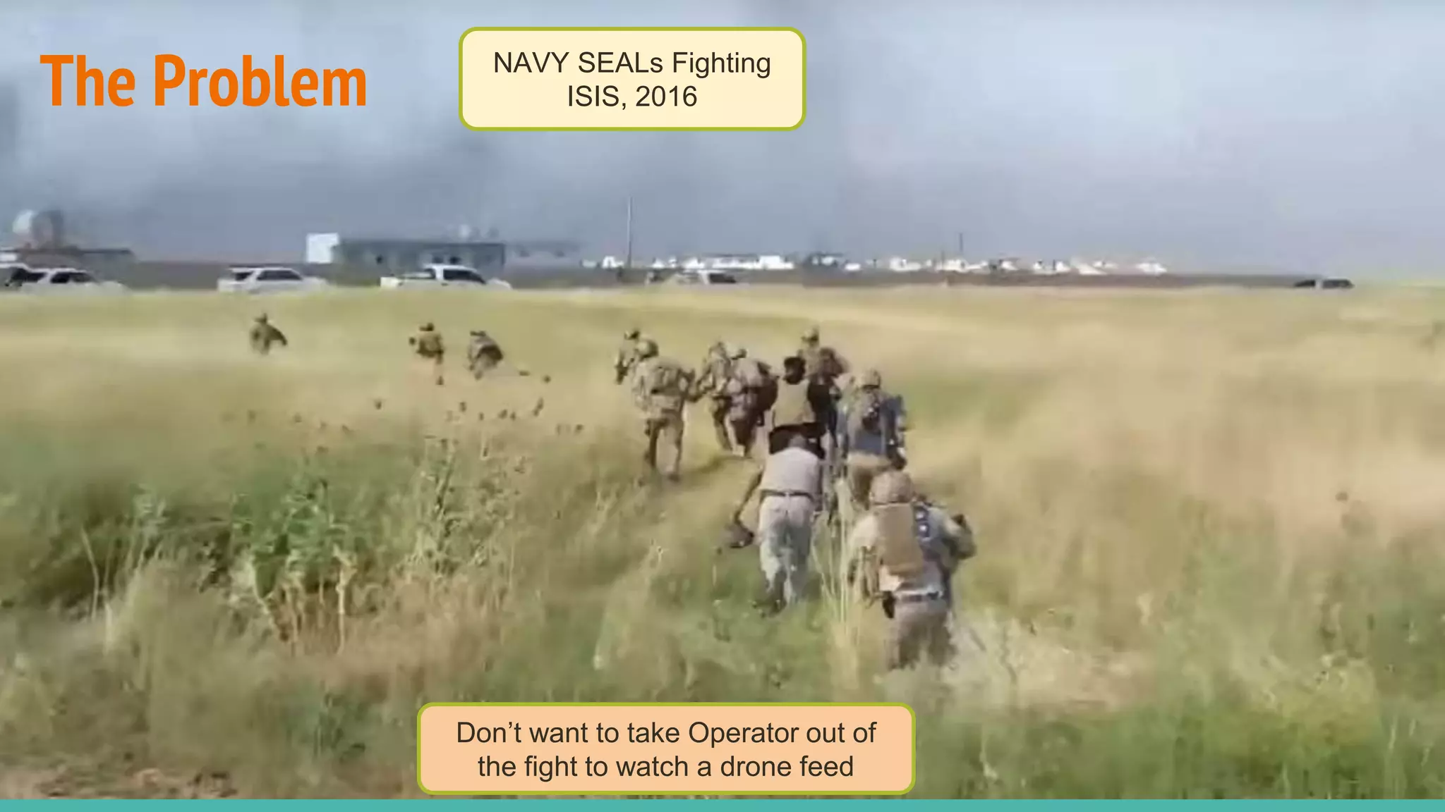 The Problem
Don’t want to take Operator out of
the fight to watch a drone feed
NAVY SEALs Fighting
ISIS, 2016
 