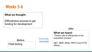 Weeks 5-6
What we thought:
Difficult/slow process to get
funding for development
Channels
What we heard:
“There’s lots of efficiencies in the
acquisition process.”
S&T, SBIR, BAAs, RRTO and CTTO
offices…
Field testing
Before
After
 