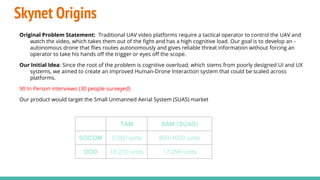 Skynet Origins
Original Problem Statement: Traditional UAV video platforms require a tactical operator to control the UAV and
watch the video, which takes them out of the fight and has a high cognitive load. Our goal is to develop an -
autonomous drone that flies routes autonomously and gives reliable threat information without forcing an
operator to take his hands off the trigger or eyes off the scope.
Our Initial Idea: Since the root of the problem is cognitive overload, which stems from poorly designed UI and UX
systems, we aimed to create an improved Human-Drone Interaction system that could be scaled across
platforms.
90 In Person interviews (30 people surveyed)
Our product would target the Small Unmanned Aerial System (SUAS) market
TAM SAM (SUAS)
SOCOM 3,000 units 800-1000 units
DOD 18,210 units 17,296 units
 