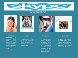 CARACTERISTICAS




     LLAMADAS                VIDEO               MENSAJERÍA              COMPARTIR
Permanece       en
contacto.    Llama    Ver para creer. Ponte    Al alcance de tu    Comparte tu mundo.
gratis a otros        al día cara a cara o     mano. Siempre       Envía fotografías, videos
usuarios de Skype     reúne a todos tus        serás parte de la   y archivos de cualquier
o llama a fijos y     amigos     en     una    conversación con    tamaño. Consigue en
móviles nacionales    videollamada.            la     mensajería   segundos esa mítica
e internacionales a                            instantánea, los    receta de tu abuela.
tarifas                                        mensajes de voz
económicas.                                    y el envío de
                                               mensajes SMS.
 