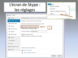 L’écran de Skype :
les réglages
 