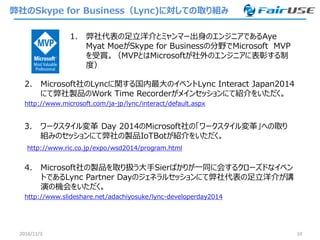 弊社のSkype for Business（Lync)に対しての取り組み
1. 弊社代表の足立洋介とミャンマー出身のエンジニアであるAye
Myat MoeがSkype for Businessの分野でMicrosoft MVP
を受賞。（MVPとはMicrosoftが社外のエンジニアに表彰する制
度）
2016/11/3 10
2. Microsoft社のLyncに関する国内最大のイベントLync Interact Japan2014
にて弊社製品のWork Time Recorderがメインセッションにて紹介をいただく。
http://www.microsoft.com/ja-jp/lync/interact/default.aspx
3. ワークスタイル変革 Day 2014のMicrosoft社の「ワークスタイル変革」への取り
組みのセッションにて弊社の製品IoTBotが紹介をいただく。
http://www.ric.co.jp/expo/wsd2014/program.html
4. Microsoft社の製品を取り扱う大手Sierばかりが一同に会するクローズドなイベン
トであるLync Partner Dayのジェネラルセッションにて弊社代表の足立洋介が講
演の機会をいただく。
http://www.slideshare.net/adachiyosuke/lync-developerday2014
 