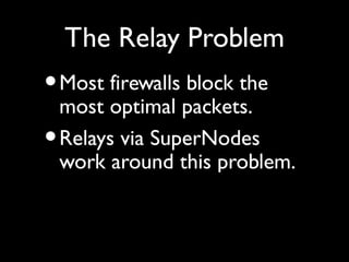 The Relay Problem
• Most firewalls block the
  most optimal packets.
• Relays via SuperNodes
  work around this problem.
• But SuperNodes add a hop...
• and may use TCP vs. UDP.