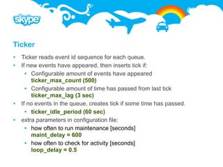 Ticker
 Ticker reads event id sequence for each queue.
 If new events have appeared, then inserts tick if:
     Configurable amount of events have appeared
      ticker_max_count (500)
     Configurable amount of time has passed from last tick
      ticker_max_lag (3 sec)
 If no events in the queue, creates tick if some time has passed.
     ticker_idle_period (60 sec)
 extra parameters in configuration file:
     how often to run maintenance [seconds]
      maint_delay = 600
     how often to check for activity [seconds]
      loop_delay = 0.5
 
