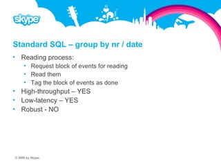 Standard SQL – group by nr / date  Reading process:  Request block of events for reading  Read them  Tag the block of events as done  High-throughput – YES  Low-latency – YES  Robust - NO © 2008 by Skype.
