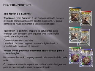TERCEIRA PROPOSTA:
Top Notch ( e Summit)
Top Notch (com Summit) é um curso respeitado de seis
níveis de comunicação para adultos ou jovens. O curso
começa no nível elementar e vai ate o avançado.
Top Notch (e Summit) prepara os estudantes para
interagir com sucesso, com aqueles que falam inglês
sendo ela a língua mãe.

Outros fatores no curso são:
Uma lição de duas paginas para cada lição dando a
possibilidade do aluno há crescer.
Nestes livros podemos encontrar alvos diretos para a
comunicação:
Há uma confirmação do progresso do aluno no final de cada
aula.
O contexto apresentado para ser praticado são designados
para as necessidades reais da comunicação.

 