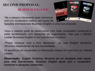 SECOND PROPOSAL:
BUSINESS ENGLISH
•Se a pessoa interessada quer comunicar
com um vocabulário melhor, por causa de
ligações internacionais Business English é uma boa proposta.
•Aqui a pessoa pode se desenvolver com mais vocabulário comercial e
estar familiarizado com situações de negociações. Vejo que o Market
Leader Business English é um método boa e pratico.
•Posso começar com o livro elementar
Structure dependendo da sua necessidade.

ou usar English Sentence

•A seqüência do vocabulário e informação cresse em cada livro no Market
Leader.
Observação: English Sentence Structure da um resultado mais rápido
para falar fluentemente. Business English ajuda com o vocabulário
comercial e situações comerciais.

 
