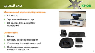 5
СДЕЛАЙ САМ
Минимальный комплект оборудования:
 ЖК-панель
 Персональный компьютер
 Веб-камера (или другая USB-
периферия)
Особенности:
1. Недорого
2. Гибкость в выборе периферии
3. Управление мышью/клавиатурой
4. Необходимость закрыть доступ
пользователя к ОС ПК
 