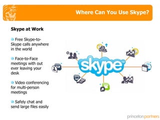 Where Can You Use Skype? Skype at Work Free Skype-to-Skype calls anywhere in the world Face-to-Face meetings with out ever leaving your desk Video conferencing for multi-person meetings Safely chat and send large files easily  