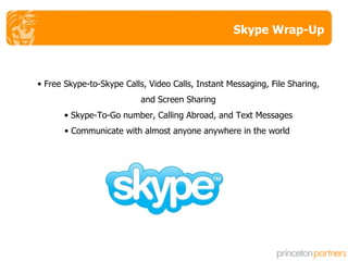Skype Wrap-Up Free Skype-to-Skype Calls, Video Calls, Instant Messaging, File Sharing, and Screen Sharing Skype-To-Go number, Calling Abroad, and Text Messages Communicate with almost anyone anywhere in the world   
