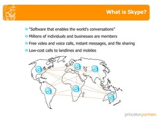 What is Skype? “ Software that enables the world’s conversations” Millions of individuals and businesses are members Free video and voice calls, instant messages, and file sharing Low-cost calls to landlines and mobiles 