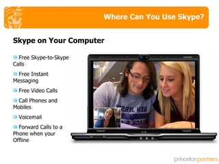 Where Can You Use Skype? Free Skype-to-Skype Calls Free Instant Messaging Free Video Calls Call Phones and Mobiles Voicemail Forward Calls to a Phone when your Offline Skype on Your Computer 