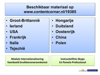 Beschikbaar materiaal opwww.contentcorner.nl/19385Groot-BrittanniëIerlandUSAFrankrijkItalïeTsjechiëHongarijeDuitslandOostenrijkChinaPolenModule InternationaliseringVoorbeeld bruikleenovereenkomstInstructiefilms SkypeEn Pamela Professional