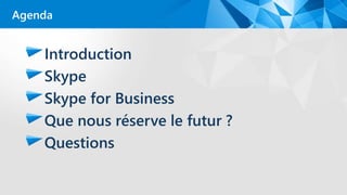 Introduction
Skype
Skype for Business
Que nous réserve le futur ?
Questions
Agenda
 