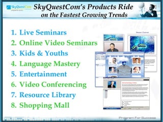SkyQuestCom’s Products Ride  on the Fastest Growing Trends Live Seminars Online Video Seminars Kids & Youths  Language Mastery Entertainment  Video Conferencing Resource Library Shopping Mall 