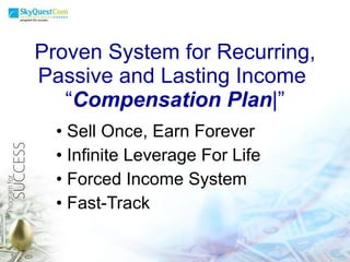 Sell Once, Earn Forever Infinite Leverage For Life Forced Income System Fast-Track Proven System for Recurring, Passive and Lasting Income  “ Compensation Plan |” 
