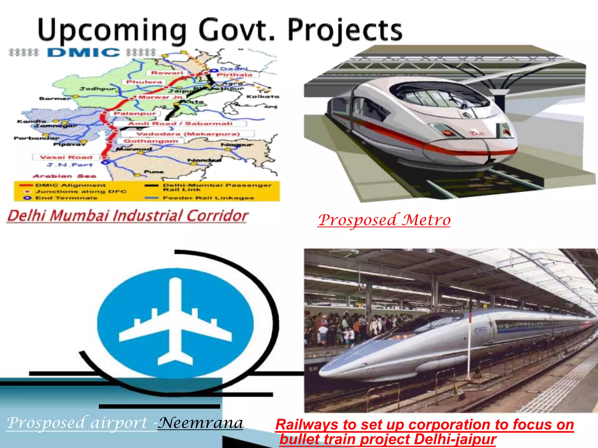 Prosposed Metro
Railways to set up corporation to focus onProsposed airport -Neemrana
bullet train project Delhi-jaipur
 