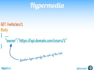 @dcerecedoByteflair
HypermediaHypermedia
Define resource representation formats
Mime Types
Define roles for each Hypermedi...