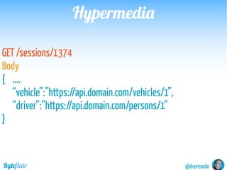 @dcerecedoByteflair
HypermediaHypermedia
GET /
Headers
Link:
<https://api.domain.com/vehicles>; rel=”vehicles”:
<https://a...
