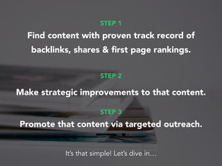 STEP 1
Find content with proven track record of
backlinks, shares & ﬁrst page rankings.
STEP 2
Make strategic improvements...