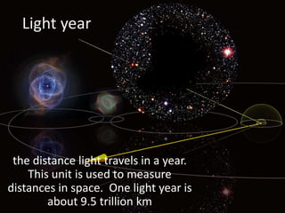Light yearthe distance light travels in a year.  This unit is used to measure distances in space.  One light year is about 9.5 trillion km