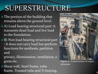 SUPERSTRUCTURE
The portion of the building that
remains above the ground level.
A) Load bearing structural part: it
transmits dead load and live load
to the foundation.
B) Non load bearing structural part
: It does not carry load but perform
functions for aesthesis, partition
and
privacy, illumination, ventilation, e
gress etc.
Shear wall, Steel frame, tube
frame, Trussed tube and X-bracing. 6
Figure 3: Construction of super-
structure
 