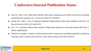 Conference/Journal Publication Status
▪ Aamir, M., Zaidi, S.M.A.: DDoS attack detection with feature engineering and machine learning: the framework
and performance evaluation. Int. J. Inf. Security 18(6), 761–785 (2019)
▪ Ahmed, M.E., Ullah, S., Kim, H.: Statistical application fngerprinting for DDoS attack mitigation. IEEE Trans. Inf.
Forensics Security 14(6), 1471–1484 (2019)
▪ Ali, S., Li, Y.: Learning multilevel auto-encoders for DDoS attack detection in smart grid network. IEEE Access 7,
108647–108659 (2019)
▪ Alsirhani, A., Sampalli, S., Bodorik, P.: DDoS detection system: Using a set of classifcation algorithms controlled by
fuzzy logic system in apache spark. IEEE Trans. Netw. Service Manag. 16(3), 936–949 (2019)
Dept of IT 12
 