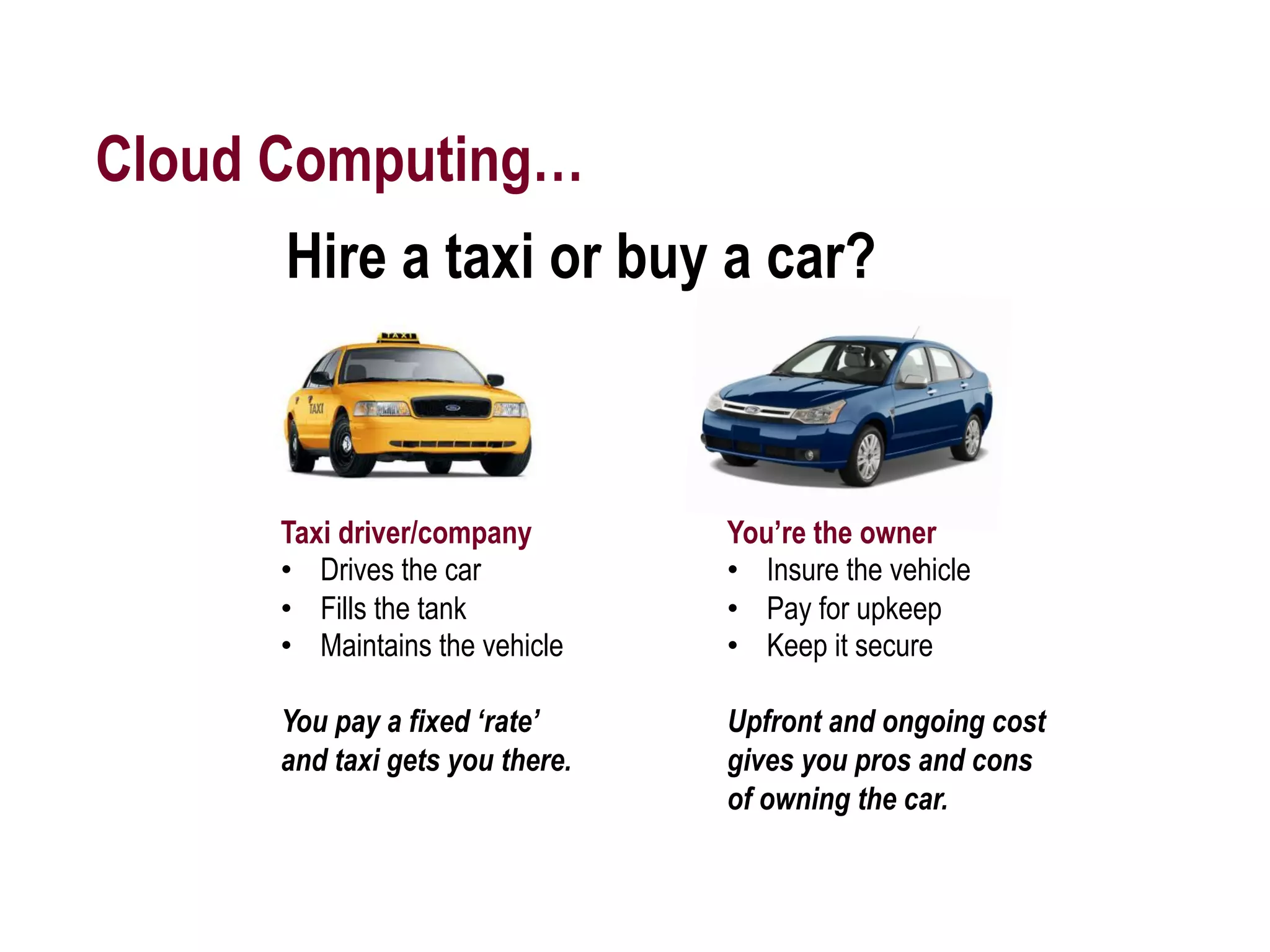 Cloud Computing…
      Hire a taxi or buy a car?



      Taxi driver/company        You’re the owner
      •  Drives the car          •  Insure the vehicle
      •  Fills the tank          •  Pay for upkeep
      •  Maintains the vehicle   •  Keep it secure

      You pay a fixed ‘rate’     Upfront and ongoing cost
      and taxi gets you there.   gives you pros and cons
                                 of owning the car.
 
