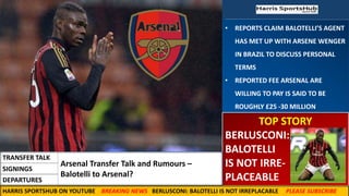 • REPORTS CLAIM BALOTELLI’S AGENT
HAS MET UP WITH ARSENE WENGER
IN BRAZIL TO DISCUSS PERSONAL
TERMS
• REPORTED FEE ARSENAL ARE
WILLING TO PAY IS SAID TO BE
ROUGHLY £25 -30 MILLION
TOP STORY
BERLUSCONI:
BALOTELLI
IS NOT IRRE-
PLACEABLE
Arsenal Transfer Talk and Rumours –
Balotelli to Arsenal?
TRANSFER TALK
SIGNINGS
DEPARTURES
HARRIS SPORTSHUB ON YOUTUBE BREAKING NEWS BERLUSCONI: BALOTELLI IS NOT IRREPLACABLE PLEASE SUBSCRIBE
 