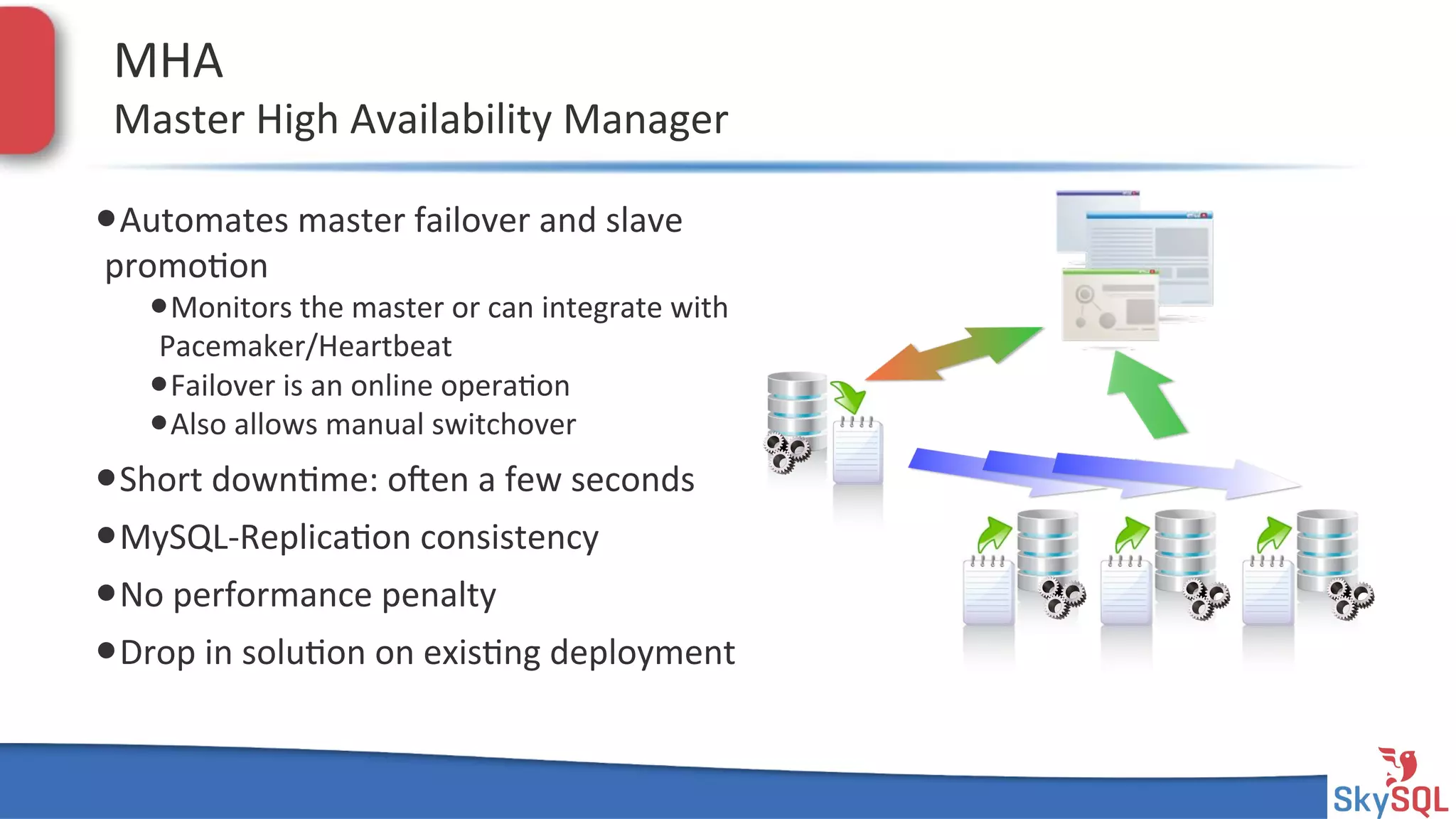 SkySQL&AB&©&2013&Conﬁden4al&
MHA&
Master&High&Availability&Manager&
• Automates&master&failover&and&slave&
promo4on&
• Monitors&the&master&or&can&integrate&with&
Pacemaker/Heartbeat&
• Failover&is&an&online&opera4on&
• Also&allows&manual&switchover&
• Short&down4me:&open&a&few&seconds&
• MySQLHReplica4on&consistency&
• No&performance&penalty&
• Drop&in&solu4on&on&exis4ng&deployment&
&
 