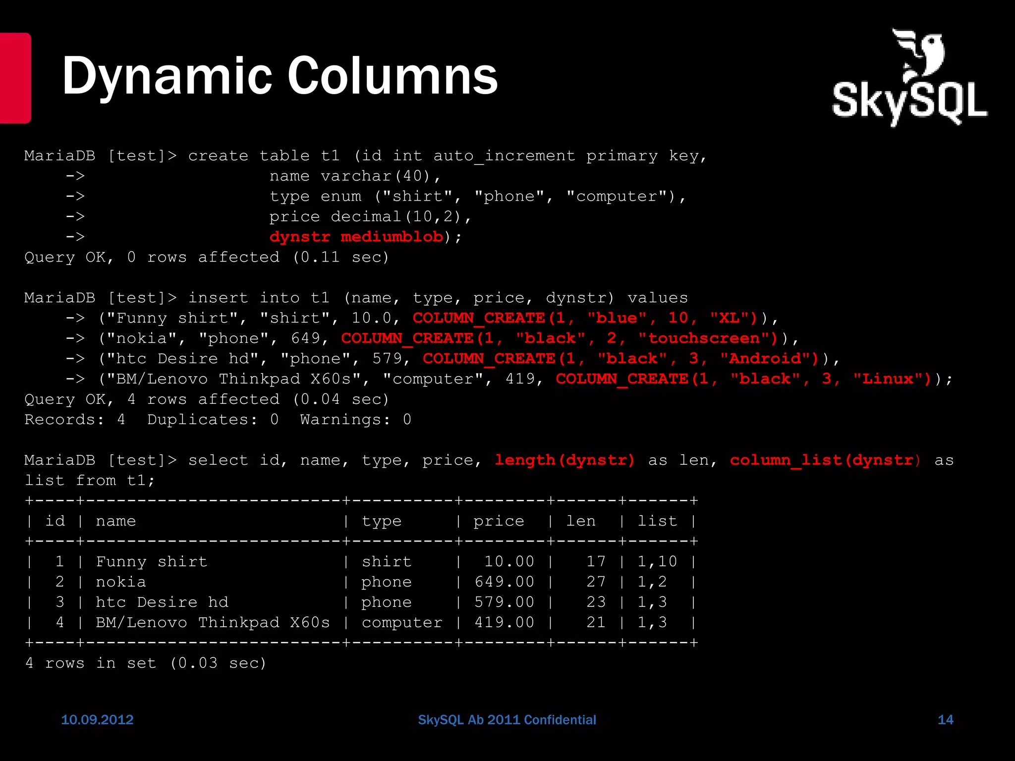 Dynamic Columns
10.09.2012 SkySQL Ab 2011 Confidential 14
MariaDB [test]> create table t1 (id int auto_increment primary key,
-> name varchar(40),
-> type enum ("shirt", "phone", "computer"),
-> price decimal(10,2),
-> dynstr mediumblob);
Query OK, 0 rows affected (0.11 sec)
MariaDB [test]> insert into t1 (name, type, price, dynstr) values
-> ("Funny shirt", "shirt", 10.0, COLUMN_CREATE(1, "blue", 10, "XL")),
-> ("nokia", "phone", 649, COLUMN_CREATE(1, "black", 2, "touchscreen")),
-> ("htc Desire hd", "phone", 579, COLUMN_CREATE(1, "black", 3, "Android")),
-> ("BM/Lenovo Thinkpad X60s", "computer", 419, COLUMN_CREATE(1, "black", 3, "Linux"));
Query OK, 4 rows affected (0.04 sec)
Records: 4 Duplicates: 0 Warnings: 0
MariaDB [test]> select id, name, type, price, length(dynstr) as len, column_list(dynstr) as
list from t1;
+----+-------------------------+----------+--------+------+------+
| id | name | type | price | len | list |
+----+-------------------------+----------+--------+------+------+
| 1 | Funny shirt | shirt | 10.00 | 17 | 1,10 |
| 2 | nokia | phone | 649.00 | 27 | 1,2 |
| 3 | htc Desire hd | phone | 579.00 | 23 | 1,3 |
| 4 | BM/Lenovo Thinkpad X60s | computer | 419.00 | 21 | 1,3 |
+----+-------------------------+----------+--------+------+------+
4 rows in set (0.03 sec)
 