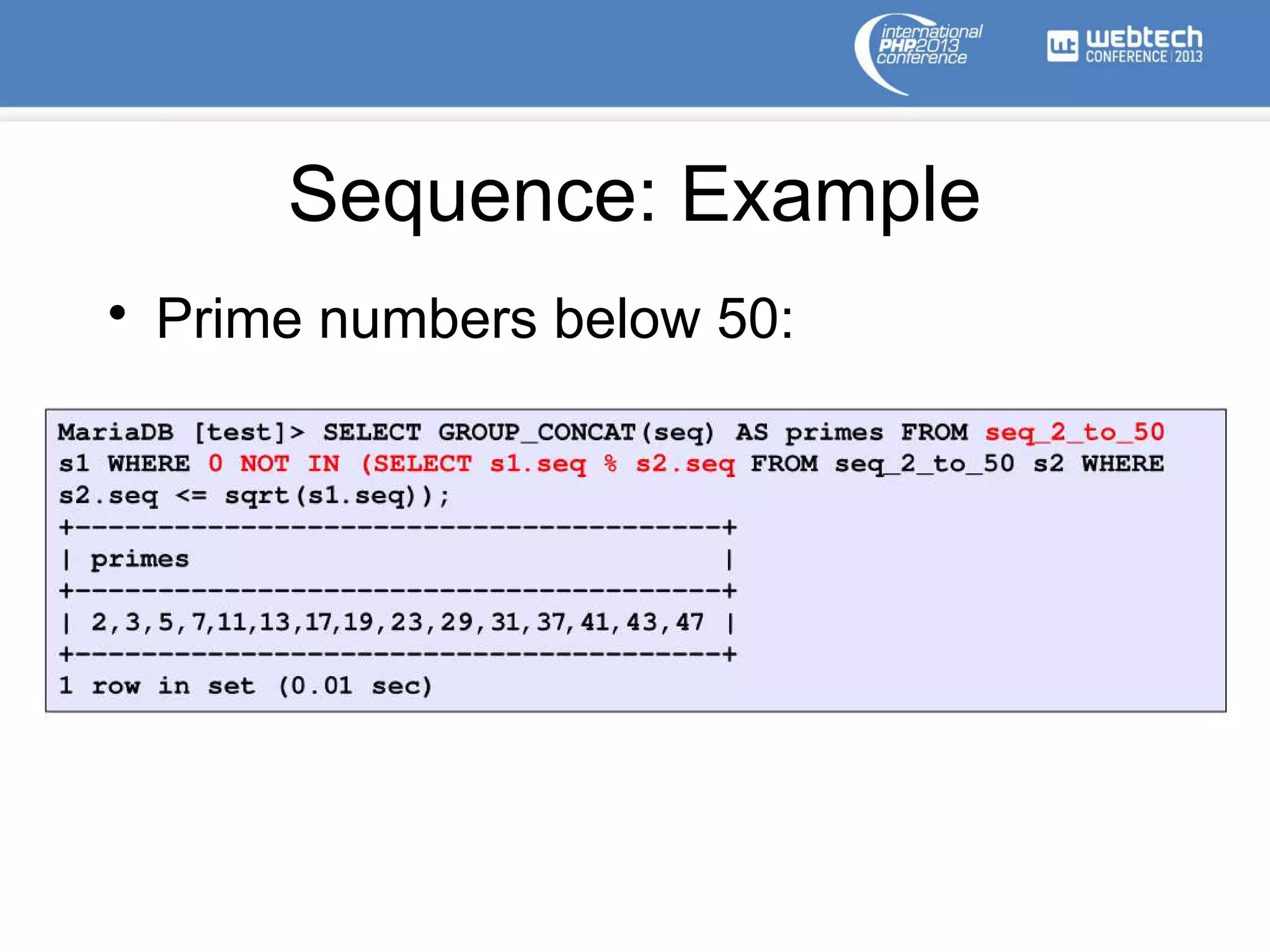Sequence: Example
• Prime numbers below 50:
 