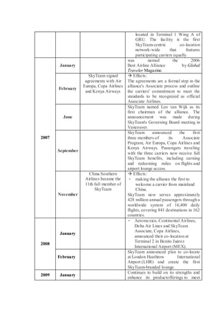 located in Terminal 1 Wing A of GRU. The facility is the first SkyTeam-centric co-location network-wide that features participating carriers equally. 
2007 
January 
was named the 2006 Best Airline Alliance by Global Traveler Magazine. 
February 
SkyTeam signed agreements with Air Europa, Copa Airlines and Kenya Airways 
 Effects: 
The agreements are a formal step in the alliance's Associate process and outline the carriers' commitment to meet the standards to be recognized as official Associate Airlines. 
June 
SkyTeam named Leo van Wijk as its first chairman of the alliance. The announcement was made during SkyTeam's Governing Board meeting in Vancouver. 
September 
SkyTeam announced the first three members of its Associate Program, Air Europa, Copa Airlines and Kenya Airways. Passengers traveling with the three carriers now receive full SkyTeam benefits, including earning and redeeming miles on flights and airport lounge access. 
November 
China Southern Airlines became the 11th full member of SkyTeam 
 Effects: 
- making the alliance the first to welcome a carrier from mainland China. 
SkyTeam now serves approximately 428 million annual passengers through a worldwide system of 16,400 daily flights, covering 841 destinations in 162 countries. 
2008 
January 
- Aeromexico, Continental Airlines, Delta Air Lines and SkyTeam Associate, Copa Airlines, announced their co-location at Terminal 2 in Benito Juárez International Airport (MEX). 
February 
SkyTeam announced plan to co-locate at London Heathrow International Airport (LHR) and create the first SkyTeam-branded lounge. 
2009 
January 
Continues to build on its strengths and enhance its productofferings to meet  