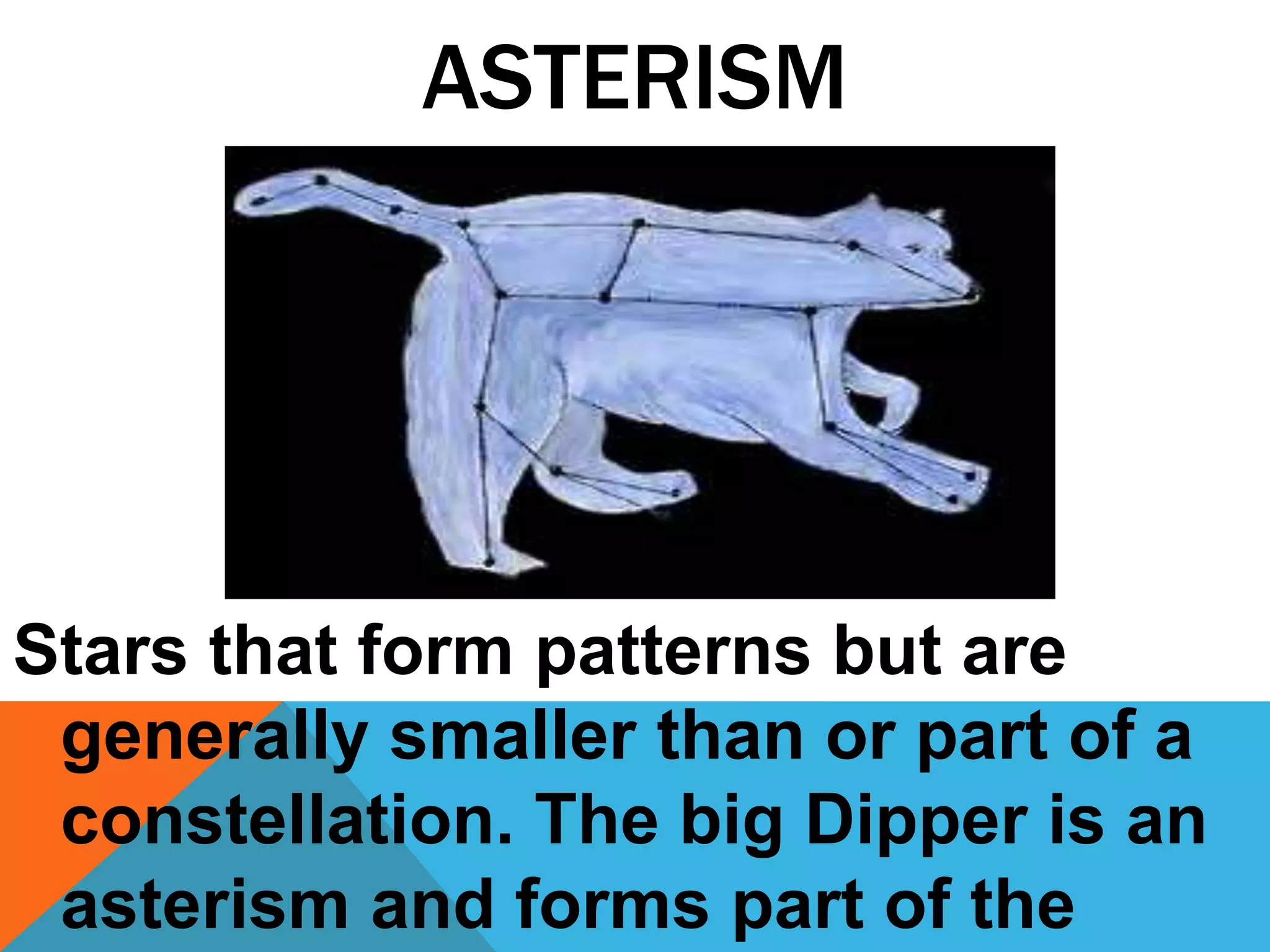 ASTERISM




Stars that form patterns but are
 generally smaller than or part of a
 constellation. The big Dipper is an
 asterism and forms part of the
 