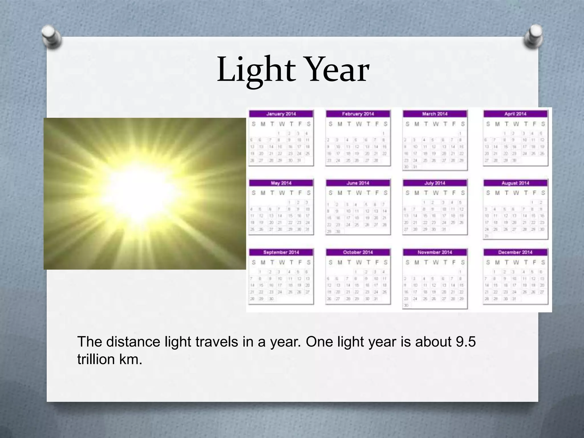 Light Year




The distance light travels in a year. One light year is about 9.5
trillion km.
 