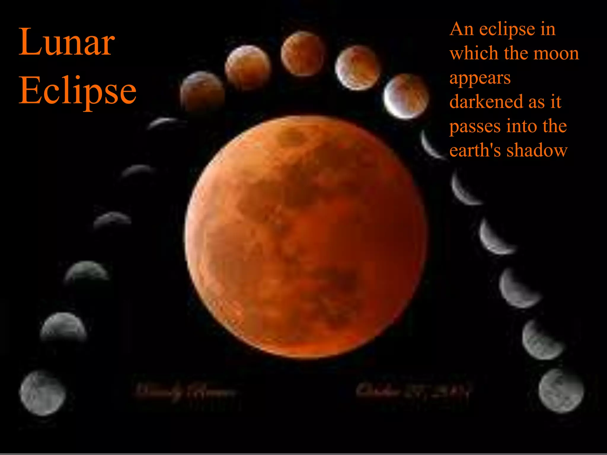An eclipse in
Lunar                     which the moon
                          appears
Eclipse                   darkened as it
                          passes into the
                          earth's shadow
          Lunar Eclipse
 
