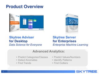 Product Overview!
9
Skytree Adviser
for Desktop
Data Science for Everyone
Skytree Server
for Enterprises
Enterprise Machine Learning
•  Predict Categories/Classes
•  Detect Anomalies
•  Find Trends
•  Predict Values/Numbers
•  Identify Patterns
•  Find Outliers
Advanced Analytics:
 