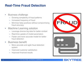 THE MACHINE LEARNING COMPANY ®
Real-Time Fraud Detection!
•  Business challenge!
–  Growing complexity of fraud patterns!
–  Increased frequency of fraud!
–  Minimize false positives without compromising
fraud accuracy!
•  Machine Learning solution!
–  Leverage diverse big data for better context!
–  Real-time update of model parameters!
–  Faster and more accurate model for better
fraud detection !
•  Business beneﬁt!
–  More accurate and agile fraud detection
system!
–  Improved customer satisfaction !
–  Improved ﬁnancial results!
15
 