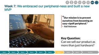 Week 7: We embraced our peripheral-ness and built a new
MVP
Week 1 Week 2 Week 3 Week 4 Week 5 Week 6 Week 7 Week 8 Week 9
“Our mission is to prevent
ourselves from becoming an
easy-ripoff peripheral."
- Rafi Holtzman
Key Question:
Can we sell our product as
more than just hardware?
The Future
This document is confidential and intended solely for the client to whom it is addressed.
 