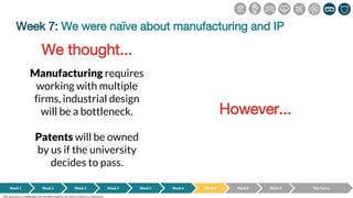 Week 7: We were naïve about manufacturing and IP
Week 1 Week 2 Week 3 Week 4 Week 5 Week 6 Week 7 Week 8 Week 9 The Future
This document is confidential and intended solely for the client to whom it is addressed.
Manufacturing requires
working with multiple
firms, industrial design
will be a bottleneck.
Patents will be owned
by us if the university
decides to pass.
We thought...
However...
 