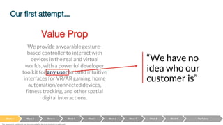 We provide a wearable gesture-
based controller to interact with
devices in the real and virtual
worlds, with a powerful developer
toolkit for any user to build intuitive
interfaces for VR/AR gaming, home
automation/connected devices,
fitness tracking, and other spatial
digital interactions.
Value Prop
“We have no
idea who our
customer is”
Week 1 Week 2 Week 3 Week 4 Week 5 Week 6 Week 7 Week 8 Week 9 The Future
This document is confidential and intended solely for the client to whom it is addressed.
Our first attempt...
 