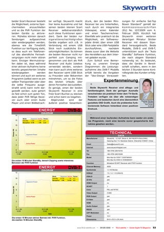 beider Scart-Receiver besteht                 ter verfügt. Skyworth macht               druck, den die beiden Mini-               zungen für einfache Set-Top
die Möglichkeit, externe Spei-                hier keine Ausnahme und hat               Receiver bei uns hinterließen,            Boxen Standard” gemäß der
chermedien      anzuschließen                 seinen beiden kleinen Scart               noch durch ein integriertes               Kommis sions vor sc hr if ten
und so die PVR Funktion der                   Receiver    selbstverständlich            Videospiel, einen Kalender                (EU) No. 107/2009 vom 4.
beiden Geräte zu aktivie-                     auch diese Funktionen spen-               und einen Taschenrechner.                 Februar 2009. Kürzlich hat
ren. Mühelos können danach                    diert. Dank der beiden nur                Ebenfalls sehr praktisch ist die          Skyworth      einen  weiteren
Sendungen        aufgezeichnet                zigaret tenschachtelgroßen                Möglichkeit, ein Softwareu-               derartigen Miniatur Sticker
oder wiedergegeben werden,                    Geräte ergeben sich z.B. in               pdate direkt über einen USB               Receiver mit diesem Stan-
ebenso wie die TimeShift                      Verbindung mit einem USB                  Stick oder eine USB-Festplatte            dard herausgebracht. Beide
Funktion zur Verfügung steht,                 Stick noch zusätzliche Ein-               durchzuführen,        nachdem             Modelle, DVB-S und DVB-T,
so dass auch ein Telefonan-                   satzmöglichkeiten: So können              dieses zuvor über die Website             unterstützen auch die “Auto
ruf das abendliche Fernseh-                   die beiden Receiver nicht nur             des Herstellers aus dem Inter-            StandBy” Software Funktion,
vergnügen nicht mehr stören                   perfekt zum Camping mit-                  net geladen wurde.                        die nach obigem Standard
kann. Einziger Wermutstrop-                   genommen und dort als PVR                   Zum Schluß eine Bemer-                  notwendig ist. Es bedeutet,
fen dabei ist, dass während                   Receiver und Audio Jukebox                kung zu unseren Energie                   dass die Geräte in Bereit-
einer aktiven Aufnahme keine                  verwendet werden, sondern                 Diagrammen: die Leistungs-                schaft schalten, wenn in den
bereits gespeicherten Inhalte                 man kann auch ohne weiteres               aufnahme des DVB-T Modells                letzten 3 Stunden keine Kont-
wiedergegeben          werden                 den Receiver samt USB Stick               erfüllt bereits die Vorgaben              rollsignale des Kunden erfolg-
können und auch ein weiteres                  zu Freunden oder Bekannten                der “öko-Design Vorausset-                ten.
Programm (selbst wenn es am                   mitnehmen, um so die Fotos
selben Transponder oder über                  des letzten Urlaubs über                                    Expertenmeinung
die selbe Frequenz ausge-                     deren Fernseher darzustellen.                    +
strahlt wird) kann nicht dar-                 Es genügt, einen der beiden                    Beide Skyworth Receiver sind alltags- und
gestellt werden. eute gehört                  Skyworth Receiver in eine                   familientauglich. Dank der geringen ausmaße
es fast schon zum guten Ton,                  freie Scart Buchse zu stecken               verschwinden sie praktisch hinter dem TV-Gerät.
dass jeder PVR fähige Recei-                  und schon kann es losgehen.                 Trotzdem verfügen sie über alle notwendigen
ver auch über einen Audio                       Abgerundet      wird    der               Features und bestechen durch eine übersichtlich
                                                                                                                                                        Thomas haring
Player und einen Bildbetrach-                 äußerst positive Gesamtein-                 gestaltete OSD Grafik. Auch die problemlos funk-                TELE-satellite
                                                                                                                                                            Test Center
                                                                                          tionierende Software hinterlässt einen positiven                      Austria


                                ENERGy                              DVB-S                 Eindruck.

                                  DiaGRaM
                                                                                               -
           Mode      apparent active Factor                                                 während einer laufenden aufnahme kann weder ein ande-
           StandBy    5W       2W    0.4                                                  res Programm, noch eine bereits zuvor gespeicherte auf-
           Reception 12 w      5w    0.41
                                                                                          nahme gesehen werden.




               apparent Power
                                                                                                                    TEchNicaL
                                                                                                                              DaTa
                                                                                         Manufacturer         Skyworth, 13-16/F, Block A, SKYWORTH BUILDING,
                                                                                                              Gaoxing Ave 1.S, Nanshan District, Shenzhen 518057, China
               active Power
                                                                                         Email                Sales@skyworth.com

                                                                                         internet             www.skyworthdigital.com

                                                                                         Tel                  +86-0755-26010018

                                                                                         Fax                  +86-0755-26010028

                                                                                         Model                Mini Box for DVB-T: DVBTM0001
Die ersten 15 Minuten StandBy, danach Zapping sowie intensives                                                Mini Box for DVB-S: DVBSM0001
Benutzen der PVR Funktion                                                                Function             Miniature SCART Receiver with PVR Function

                                ENERGy                               DVB-T               channel Memory

                                                                                         Symbolrate
                                                                                                              4000

                                                                                                              1.3-45 Ms/sec
                                  DiaGRaM
                                                                                         DiSEqc               1.0, 1.2, 1.3 (USALS)
                                                 Mode      apparent active Factor        USaLS                yes
                                                 StandBy   4.5 W      1 W 0.2
                                                 Reception   9w     4.5 w 0.5            22 khz               yes
               apparent Power
                                                                                         hDMi Output          no

                                                                                         ScaRT                1

                                                                                         color                PAL and NTSC

                                                                                         Video Output         CVBS

               active Power                                                              RGB Output           yes

                                                                                         S-Video              yes

                                                                                         hDMi                 no

                                                                                         audio Output         yes

                                                                                         RS232                yes

                                                                                         UhF-Modulator        no

                                                                                         Power                12 V
Die ersten 15 Minuten aktiver Betrieb inkl. PVR Funktion,
die zweiten 15 Minuten StandBy                                                           Dimensions           84.6 x 53.5 x 25.2mm




                                                                                www.TELE-satellite.com — 04-05/2010 —    TELE-satellite — Global Digital TV Magazine   53
 