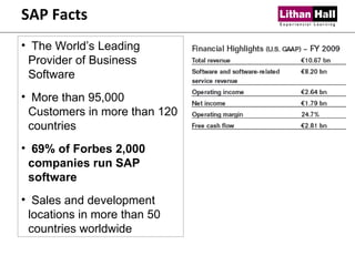 SAP Facts The World’s Leading Provider of Business Software More than 95,000 Customers in more than 120 countries 69% of Forbes 2,000 companies run SAP software Sales and development locations in more than 50 countries worldwide 