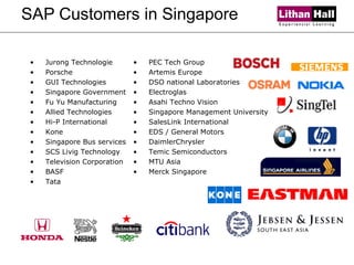 SAP Customers in Singapore PEC Tech Group Artemis Europe DSO national Laboratories Electroglas Asahi Techno Vision Singapore Management University SalesLink International EDS / General Motors DaimlerChrysler   Temic Semiconductors   MTU Asia   Merck Singapore   Jurong Technologie Porsche GUI Technologies Singapore Government Fu Yu Manufacturing Allied Technologies Hi-P International Kone Singapore Bus services SCS Livig Technology  Television Corporation BASF Tata 