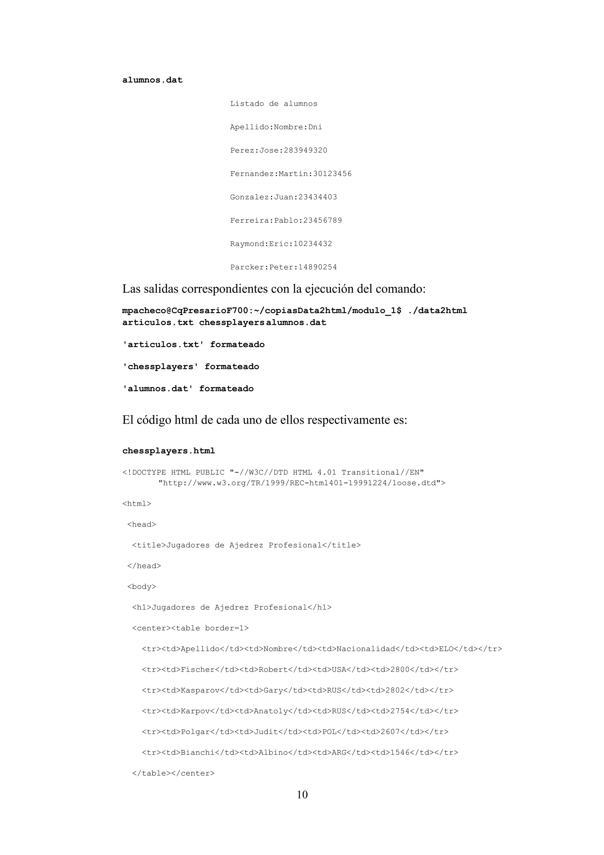 10
alumnos.dat
Listado de alumnos
Apellido:Nombre:Dni
Perez:Jose:283949320
Fernandez:Martin:30123456
Gonzalez:Juan:23434403
Ferreira:Pablo:23456789
Raymond:Eric:10234432
Parcker:Peter:14890254
Las salidas correspondientes con la ejecución del comando:
mpacheco@CqPresarioF700:~/copiasData2html/modulo_1$ ./data2html
articulos.txt chessplayersalumnos.dat
'articulos.txt' formateado
'chessplayers' formateado
'alumnos.dat' formateado
El código html de cada uno de ellos respectivamente es:
chessplayers.html
<!DOCTYPE HTML PUBLIC "-//W3C//DTD HTML 4.01 Transitional//EN"
"http://www.w3.org/TR/1999/REC-html401-19991224/loose.dtd">
<html>
<head>
<title>Jugadores de Ajedrez Profesional</title>
</head>
<body>
<h1>Jugadores de Ajedrez Profesional</h1>
<center><table border=1>
<tr><td>Apellido</td><td>Nombre</td><td>Nacionalidad</td><td>ELO</td></tr>
<tr><td>Fischer</td><td>Robert</td><td>USA</td><td>2800</td></tr>
<tr><td>Kasparov</td><td>Gary</td><td>RUS</td><td>2802</td></tr>
<tr><td>Karpov</td><td>Anatoly</td><td>RUS</td><td>2754</td></tr>
<tr><td>Polgar</td><td>Judit</td><td>POL</td><td>2607</td></tr>
<tr><td>Bianchi</td><td>Albino</td><td>ARG</td><td>1546</td></tr>
</table></center>
 