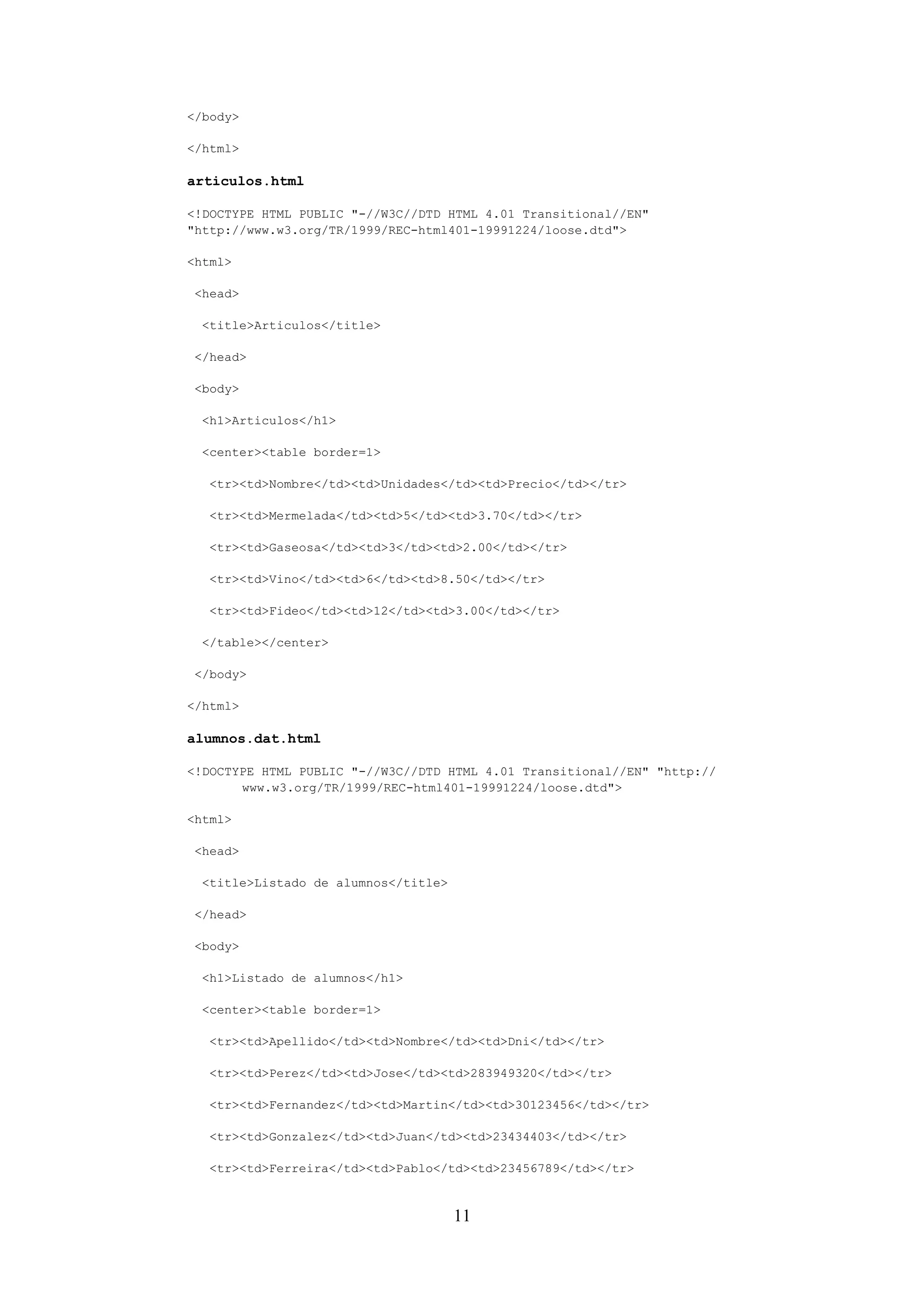 11
</body>
</html>
articulos.html
<!DOCTYPE HTML PUBLIC "-//W3C//DTD HTML 4.01 Transitional//EN"
"http://www.w3.org/TR/1999/REC-html401-19991224/loose.dtd">
<html>
<head>
<title>Articulos</title>
</head>
<body>
<h1>Articulos</h1>
<center><table border=1>
<tr><td>Nombre</td><td>Unidades</td><td>Precio</td></tr>
<tr><td>Mermelada</td><td>5</td><td>3.70</td></tr>
<tr><td>Gaseosa</td><td>3</td><td>2.00</td></tr>
<tr><td>Vino</td><td>6</td><td>8.50</td></tr>
<tr><td>Fideo</td><td>12</td><td>3.00</td></tr>
</table></center>
</body>
</html>
alumnos.dat.html
<!DOCTYPE HTML PUBLIC "-//W3C//DTD HTML 4.01 Transitional//EN" "http://
www.w3.org/TR/1999/REC-html401-19991224/loose.dtd">
<html>
<head>
<title>Listado de alumnos</title>
</head>
<body>
<h1>Listado de alumnos</h1>
<center><table border=1>
<tr><td>Apellido</td><td>Nombre</td><td>Dni</td></tr>
<tr><td>Perez</td><td>Jose</td><td>283949320</td></tr>
<tr><td>Fernandez</td><td>Martin</td><td>30123456</td></tr>
<tr><td>Gonzalez</td><td>Juan</td><td>23434403</td></tr>
<tr><td>Ferreira</td><td>Pablo</td><td>23456789</td></tr>
 