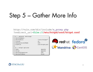 Step 5 – Gather More Info

 http://vuln.com/dir/include/s_proxy.php
 ?redirect_url=file:///etc/httpd/conf/httpd.conf




                                                   15	
  
 
